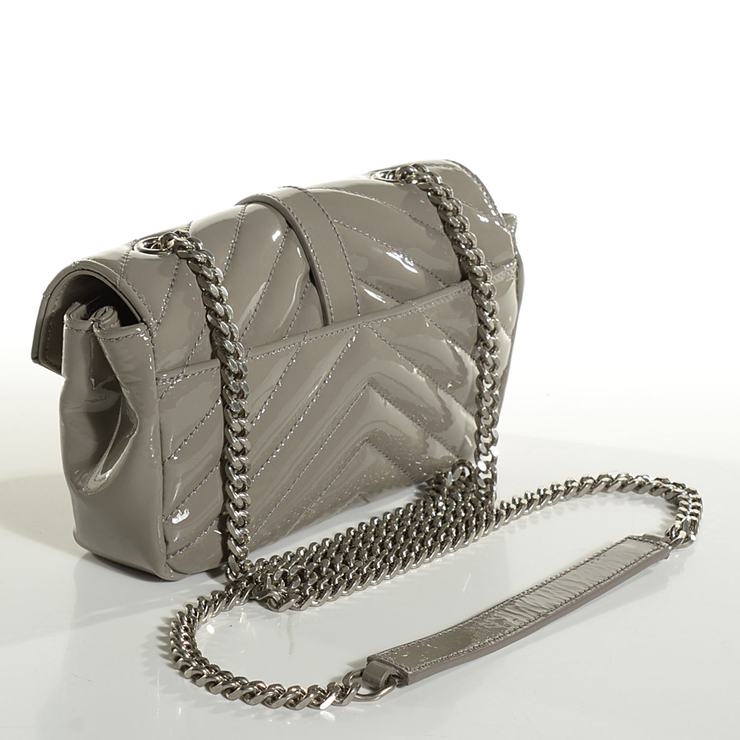 Saint Laurent Patent Chevron Mini V Flap Chain Shoulder Bag Light Grey 3 of 8