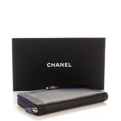 Chanel Calfskin Large Bi-Color Zip Around Boy Wallet Black Navy 4 of 8