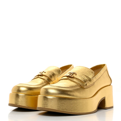Chanel Laminated Calfskin CC Platform Loafers 38.5 Golden 3 of 9