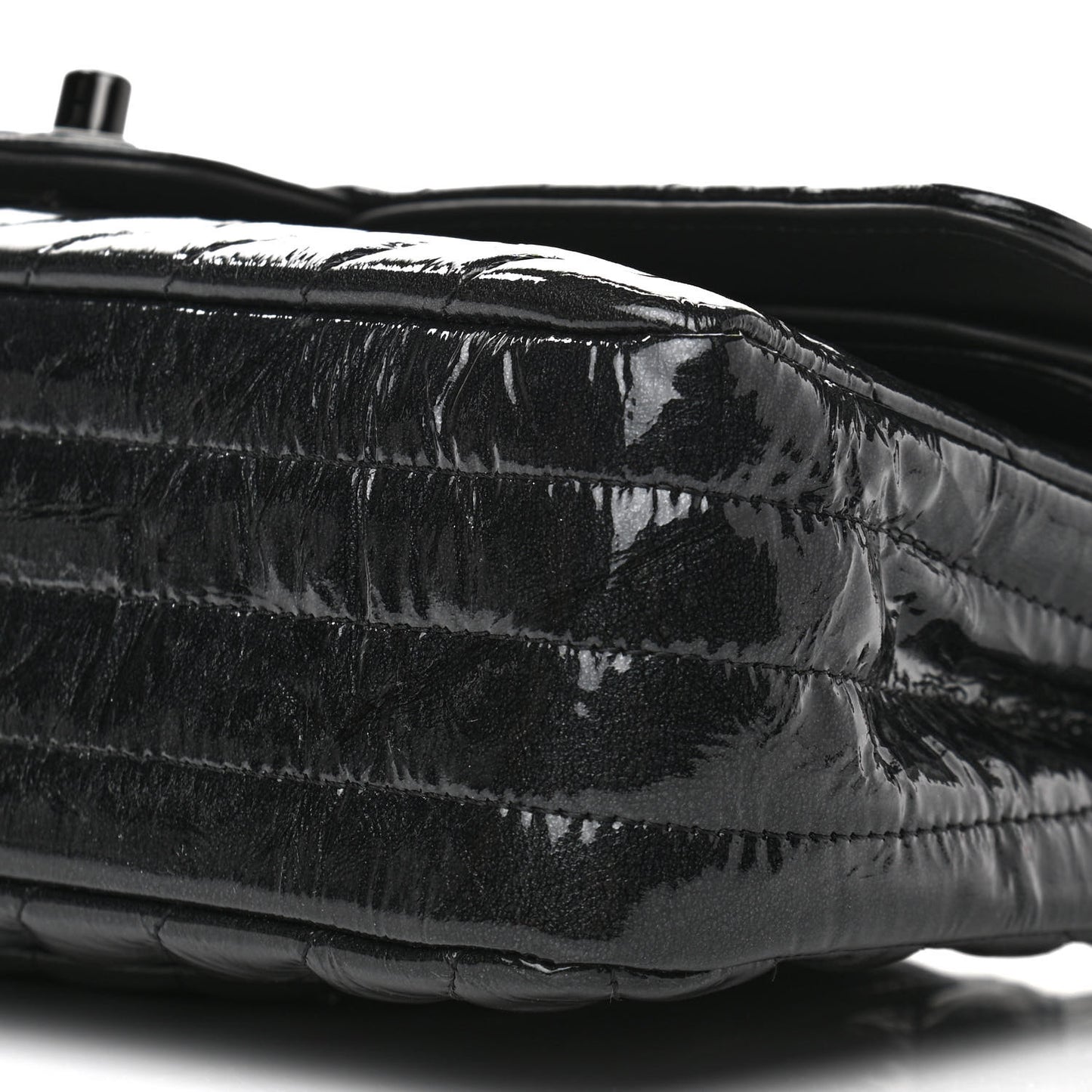 Metallic Patent Crumpled Calfskin Chevron Quilted Medium Double Flap So Black