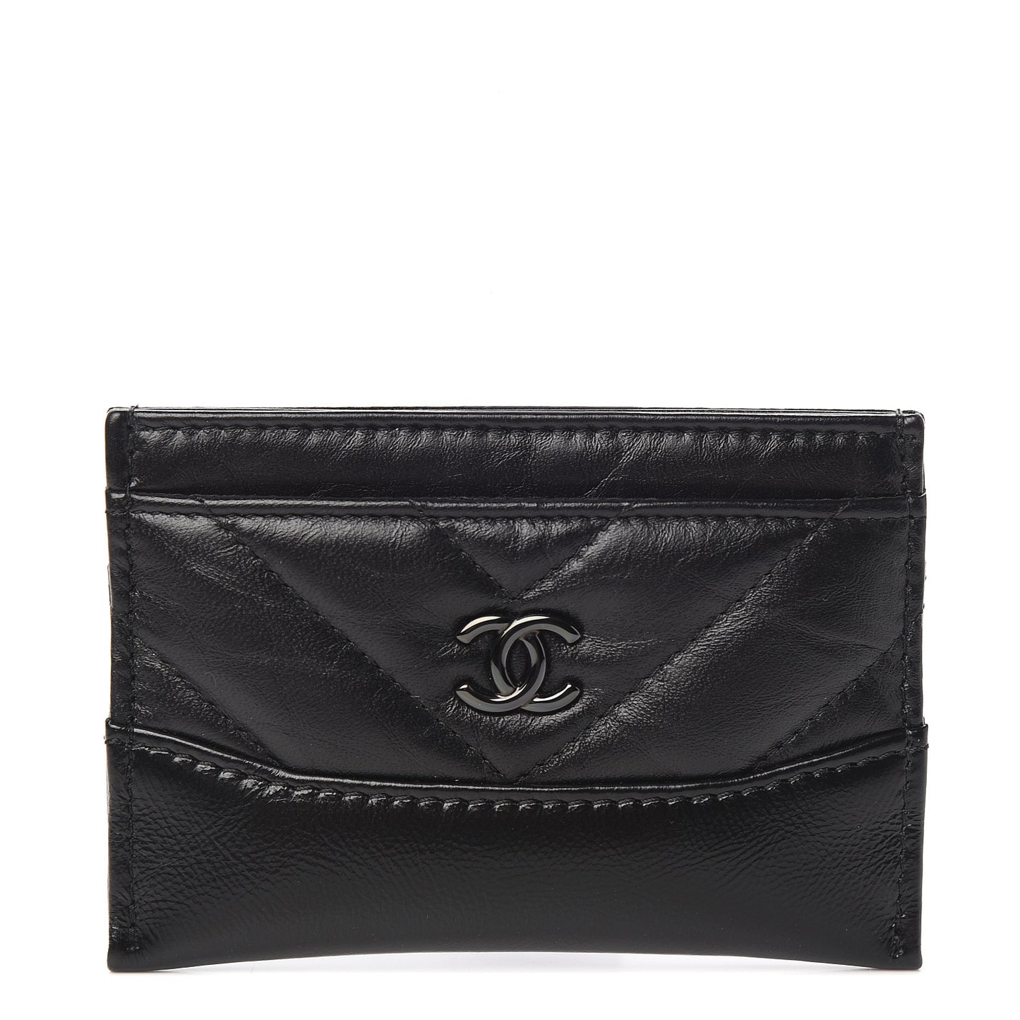Aged Calfskin Chevron Quilted Gabrielle Card Holder Black