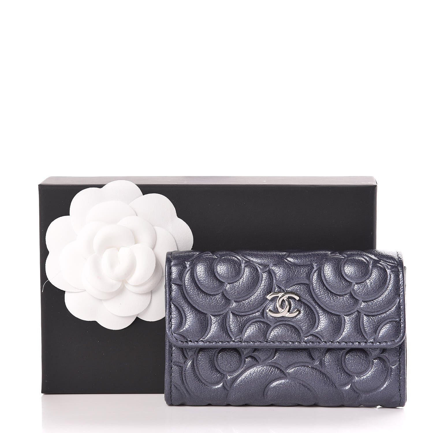Chanel Goatskin Camellia Embossed Card Holder Blue 9 of 9