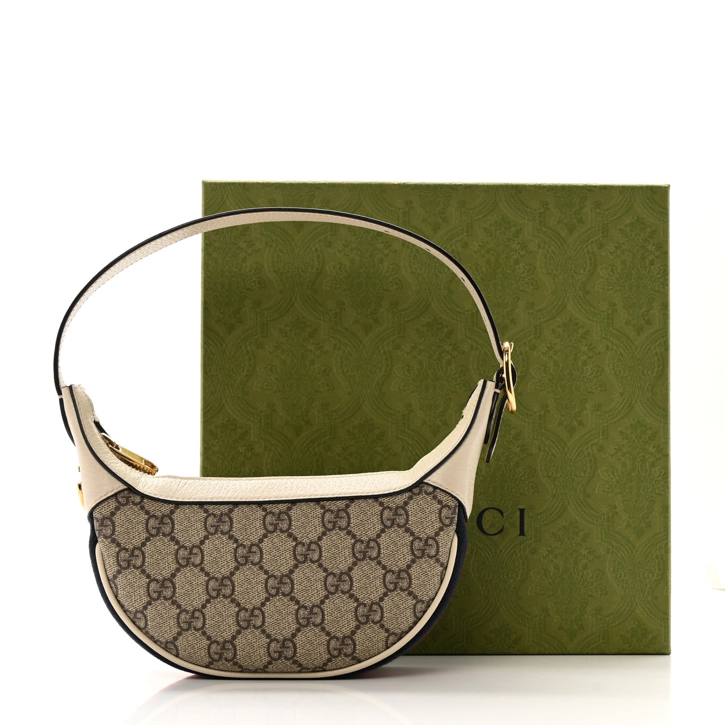 GG Supreme Monogram Textured Dollar Calfskin Web Mini Ophidia Half Moon Hobo Beige Ebony Mystic White
