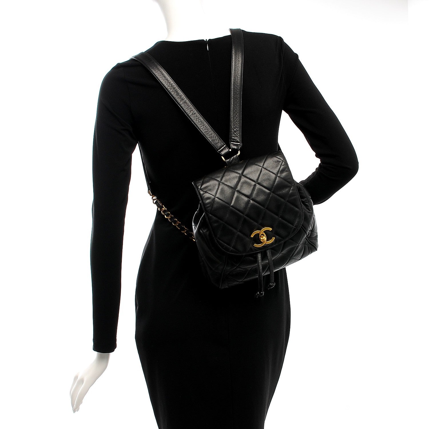Chanel Lambskin Quilted Drawstring Backpack Black 2 of 7