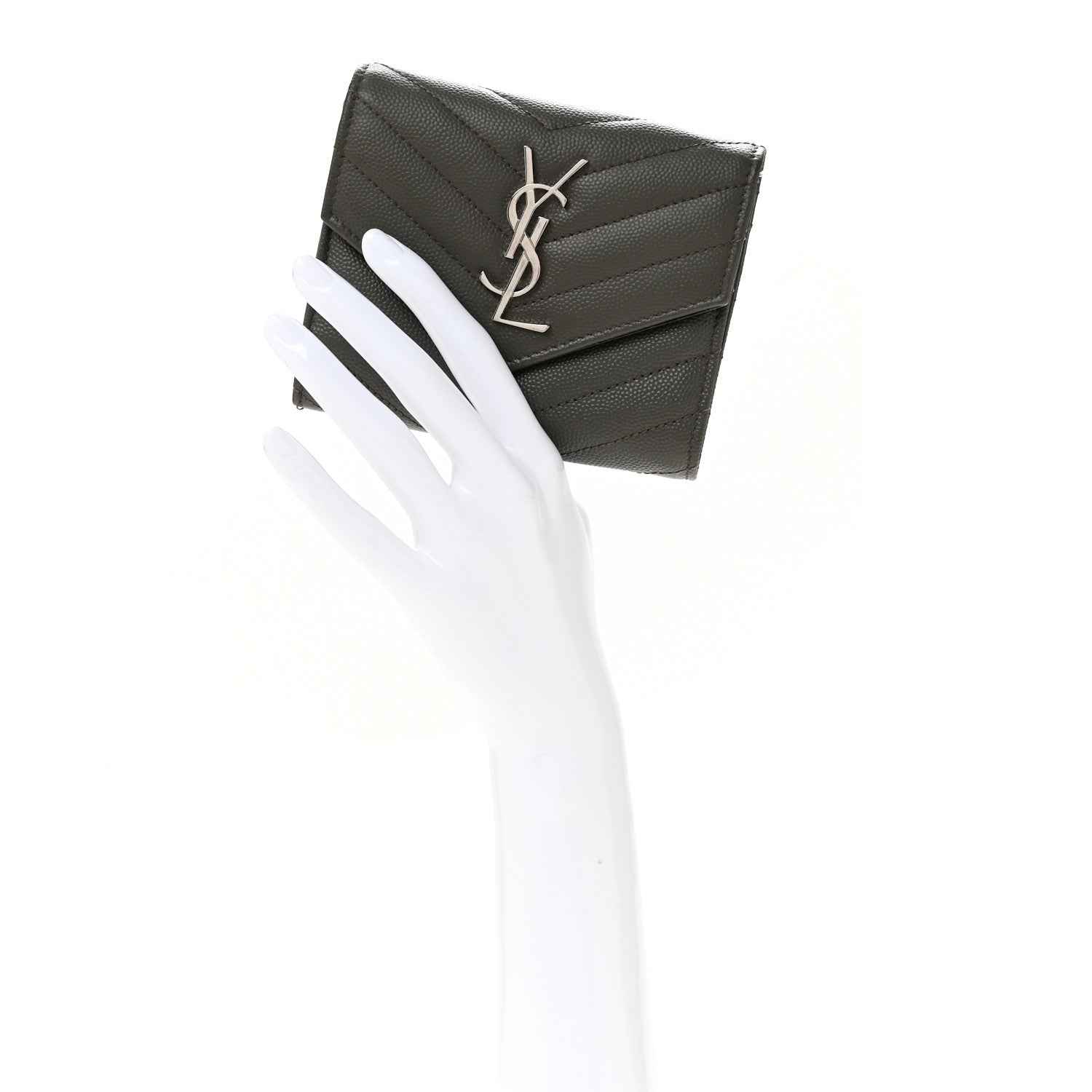 Saint Laurent Grain De Poudre Matelasse Chevron Monogram Compact Tri Fold Wallet Coffee 2 of 12