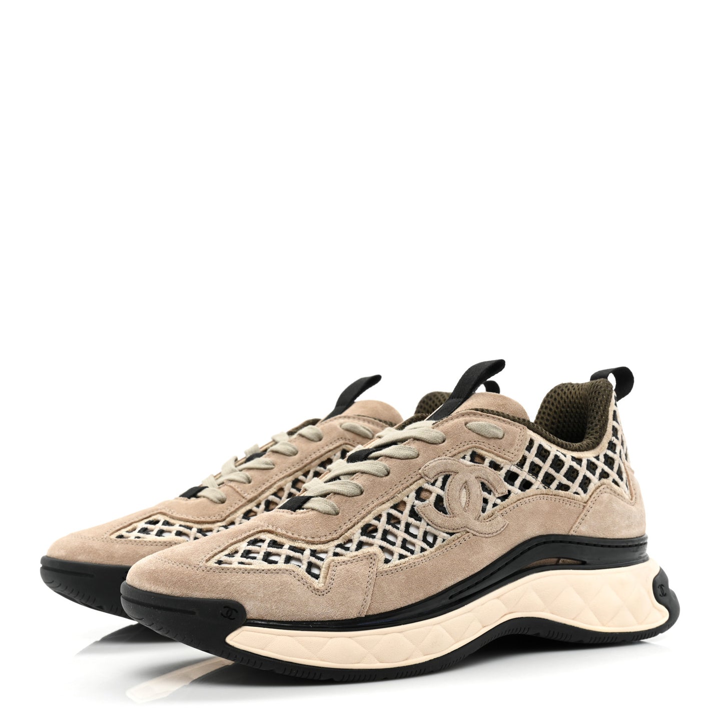 Suede Calfskin Embroidered CC Sneakers 42 Beige Black