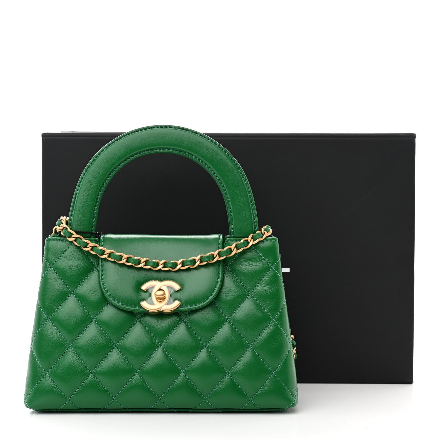 Chanel Shiny Aged Calfskin Quilted Nano Kelly Shopper Green