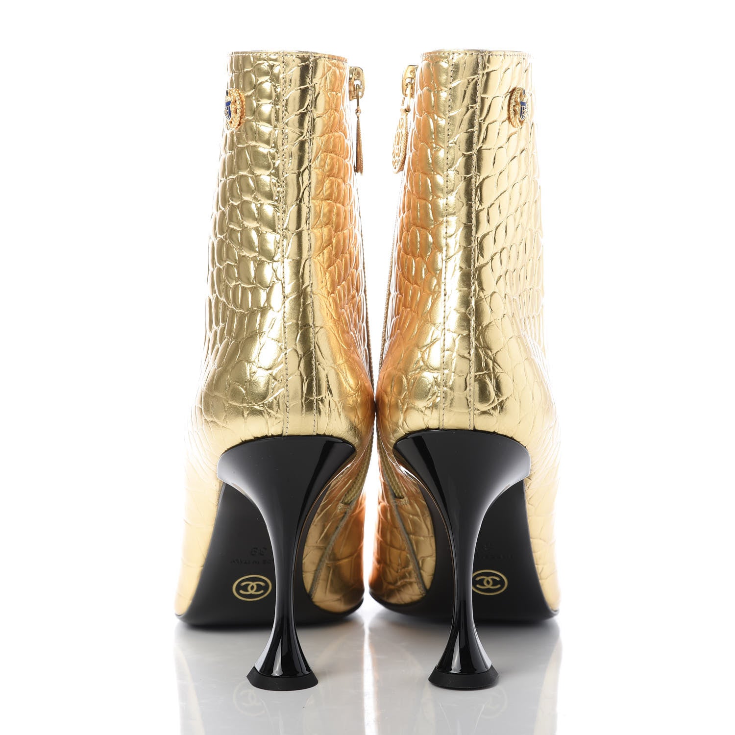 Chanel Calfskin Crocodile Embossed Cap Toe Ankle Boots 39 Gold 6 of 10
