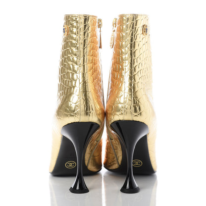 Chanel Calfskin Crocodile Embossed Cap Toe Ankle Boots 39 Gold 6 of 10