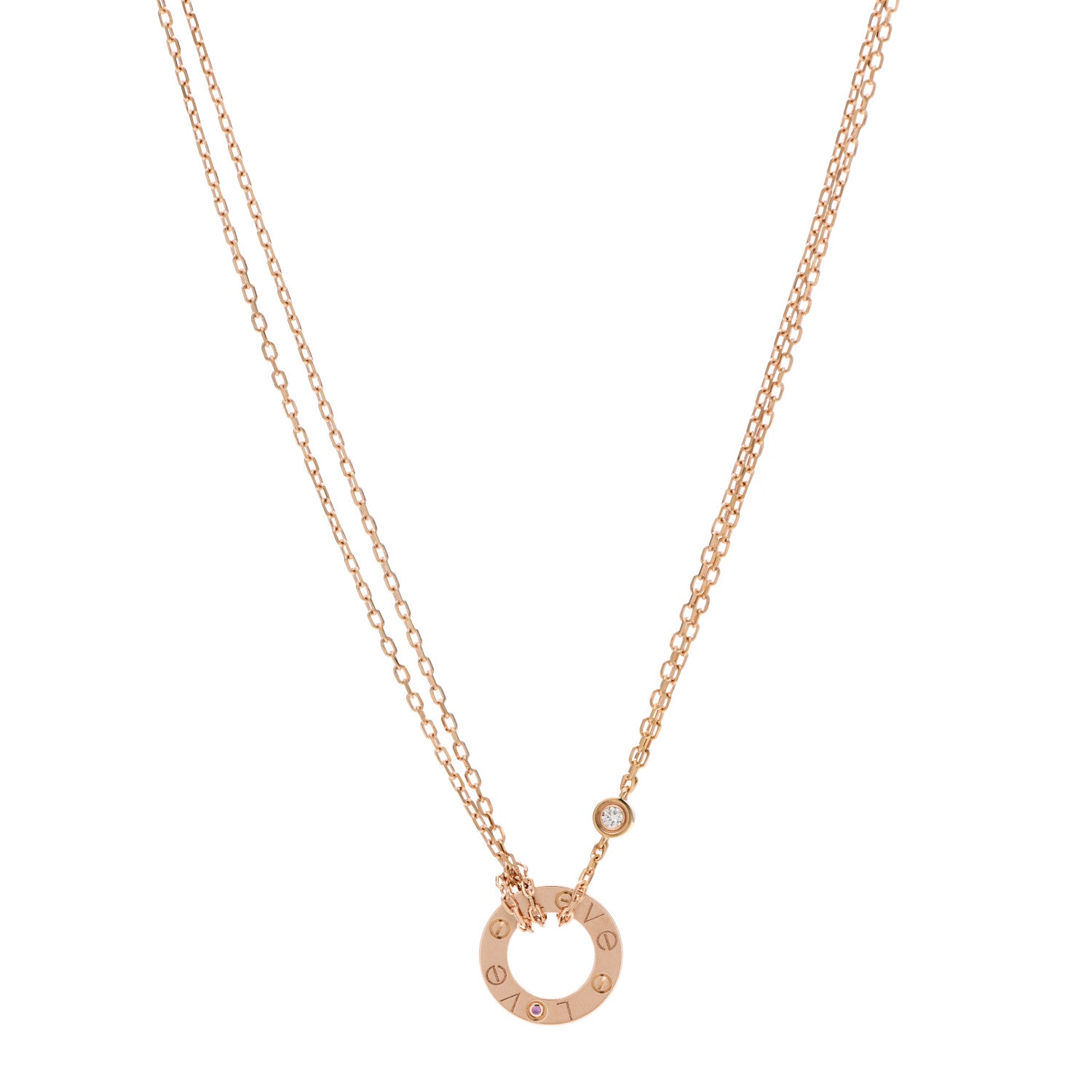 Cartier 18K Pink Gold 1 Diamond 1 Pink Sapphire LOVE Necklace 1 of 6