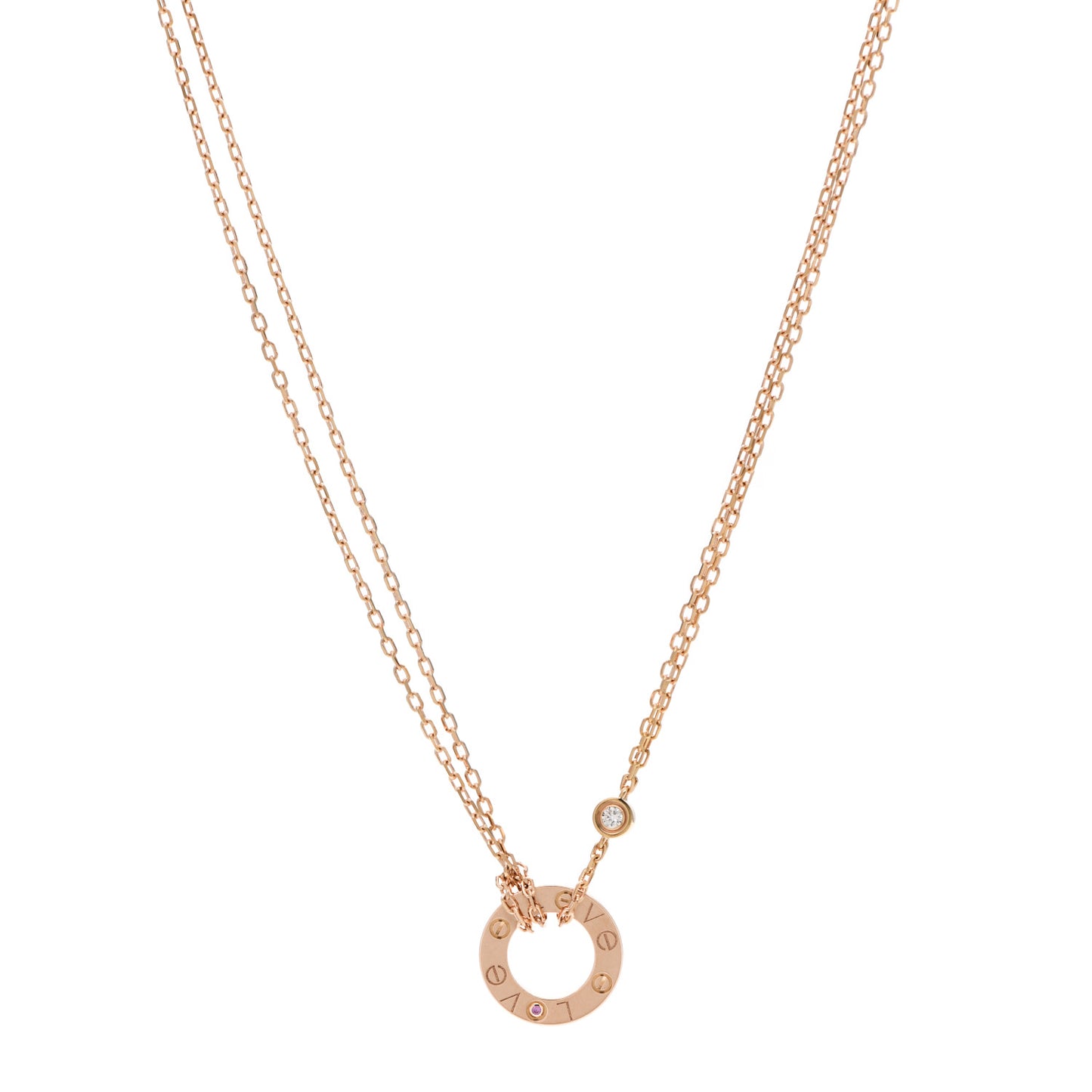 18K Pink Gold 1 Diamond 1 Pink Sapphire LOVE Necklace