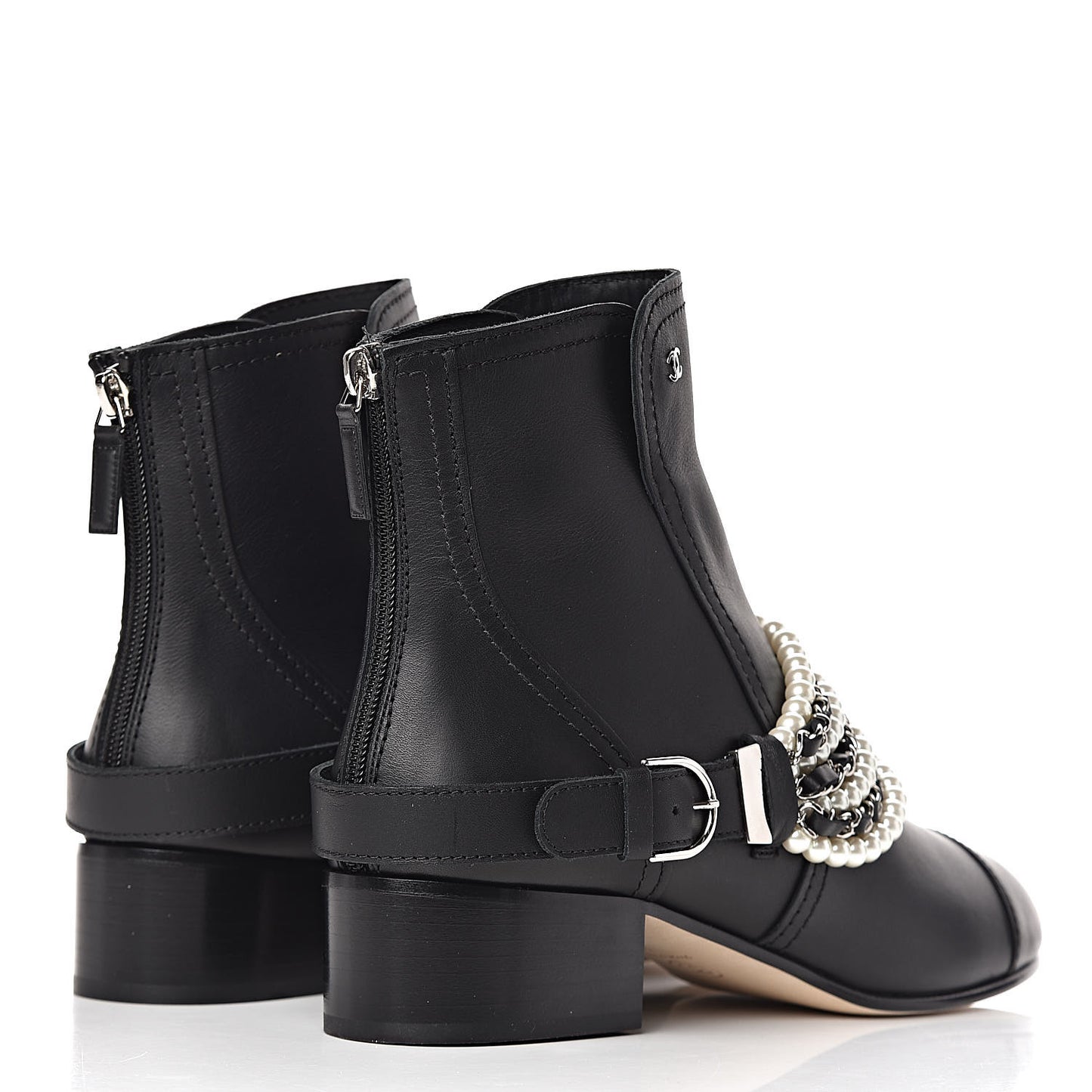 Calfskin Pearl Cap Toe Short Boots 41 Black