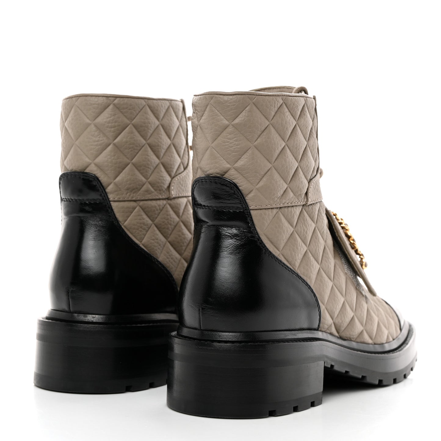 Calfskin Shiny Calfskin Quilted Lace Up Combat Boots 39 Dark Beige Black