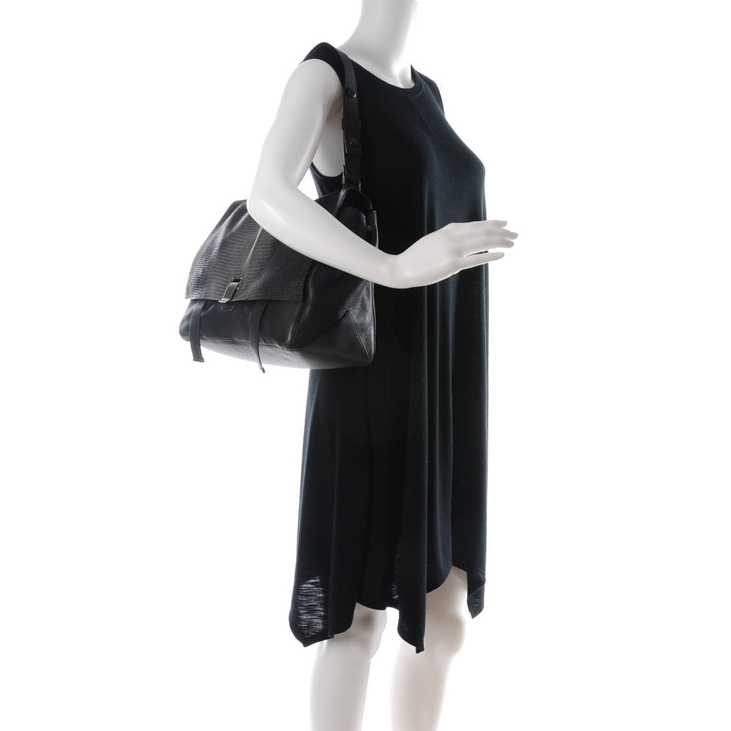 Calfskin Lizard Embossed Large Courier Bag Black