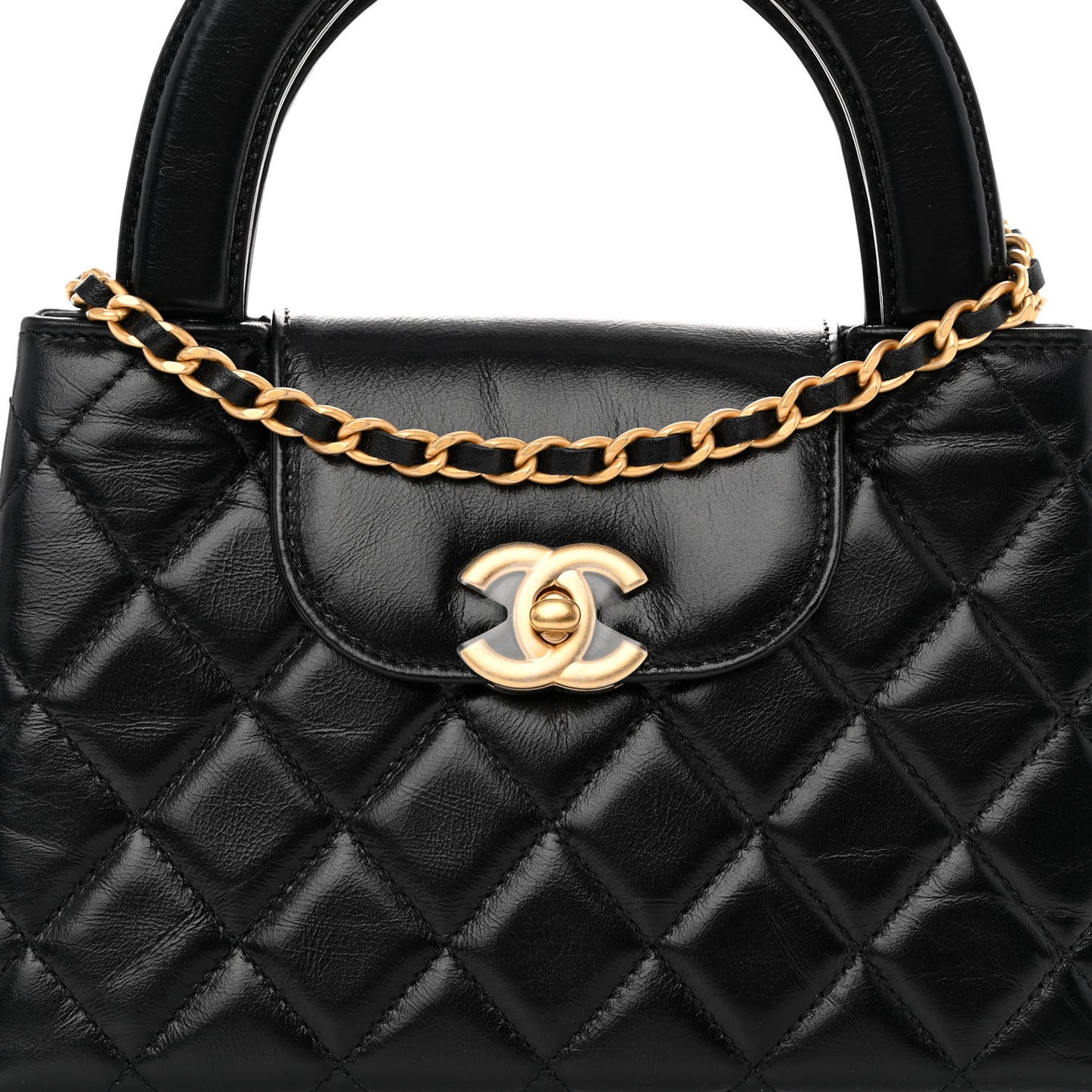 Shiny Aged Calfskin Quilted Nano Kelly Shopper Black