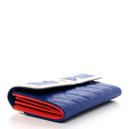 Chanel Caviar Quilted Filigree Large Gusset Flap Wallet Blue White Red 4 of 9