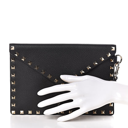 Valentino Garavani Pebbled Calfskin Medium Rockstud Envelope Flat Wristlet Pouch Black 2 of 7