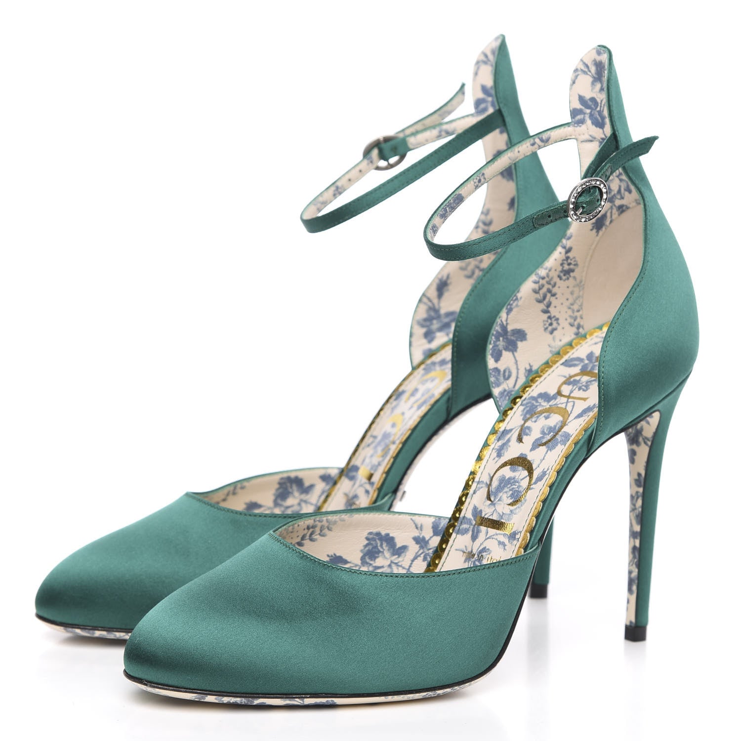 Gucci Satin Daisy Ankle Strap d'Orsay 105 Pumps 39.5 Emerald Green 3 of 8