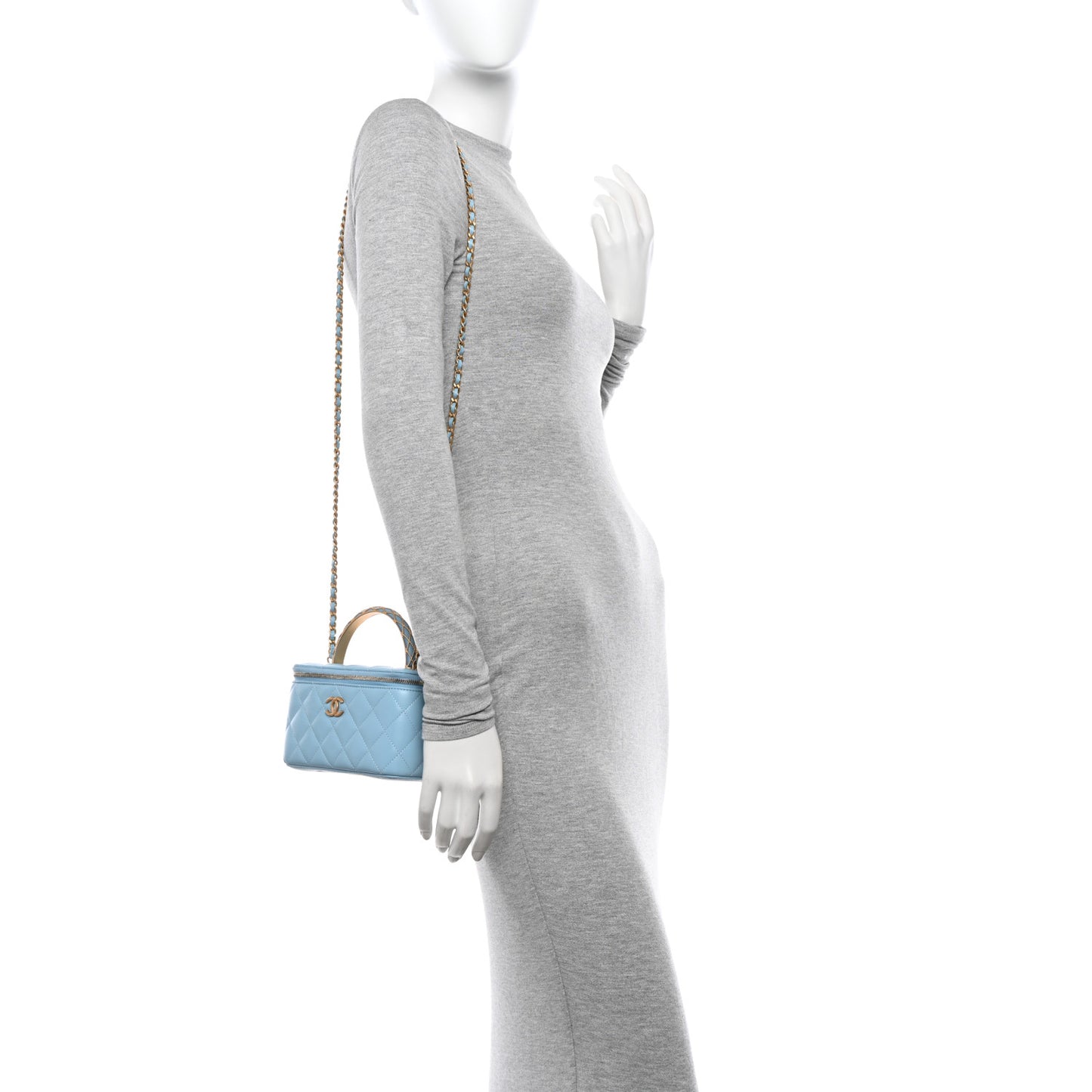 Lambskin Quilted Metal Twist Small Top Handle Vanity Case With Chain Blue