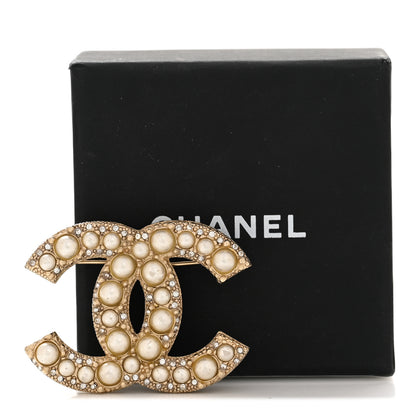 Chanel Metal Crystal Graduated Pearl CC Brooch Gold 6 of 6