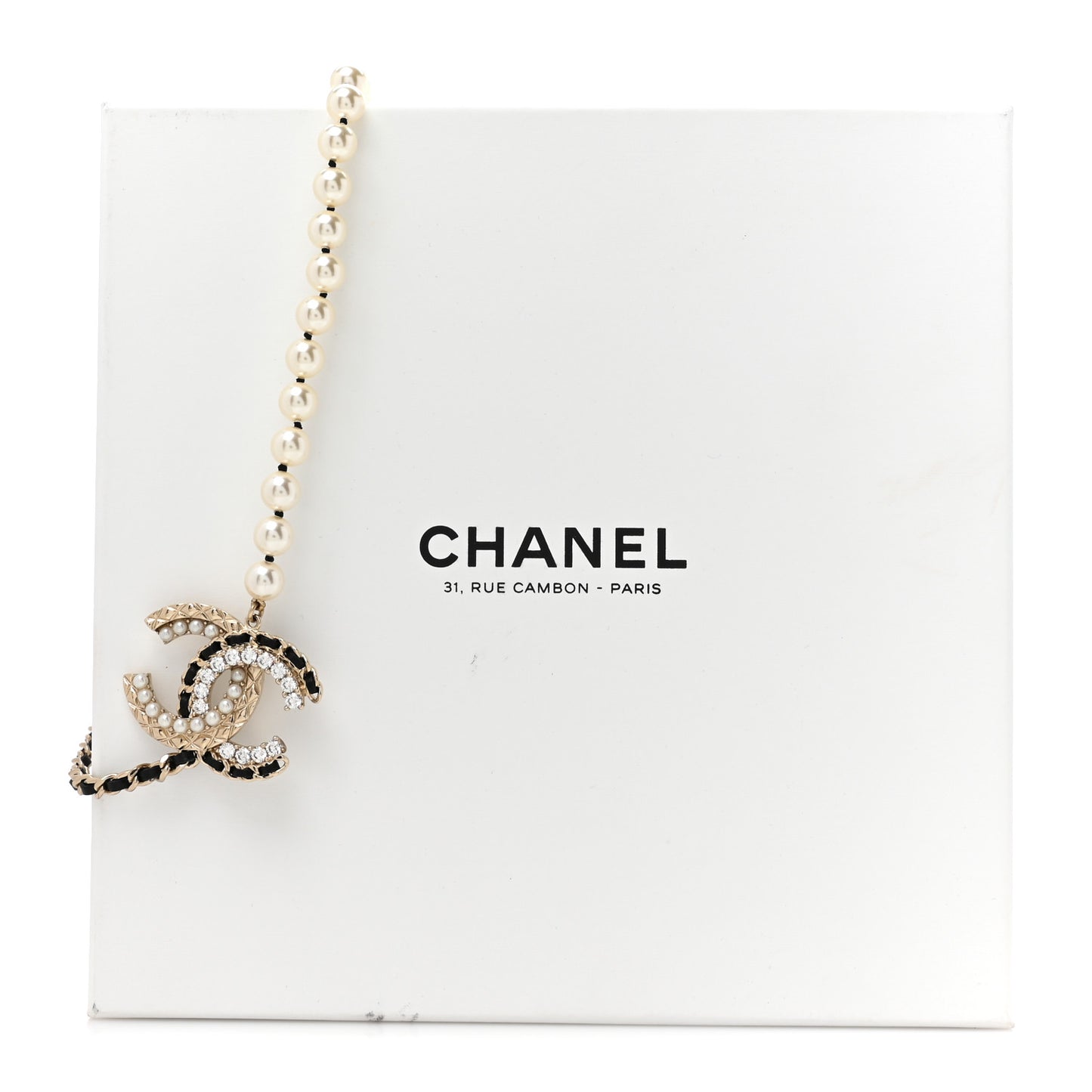 Lambskin Pearl Crystal CC Short Necklace Gold White Black