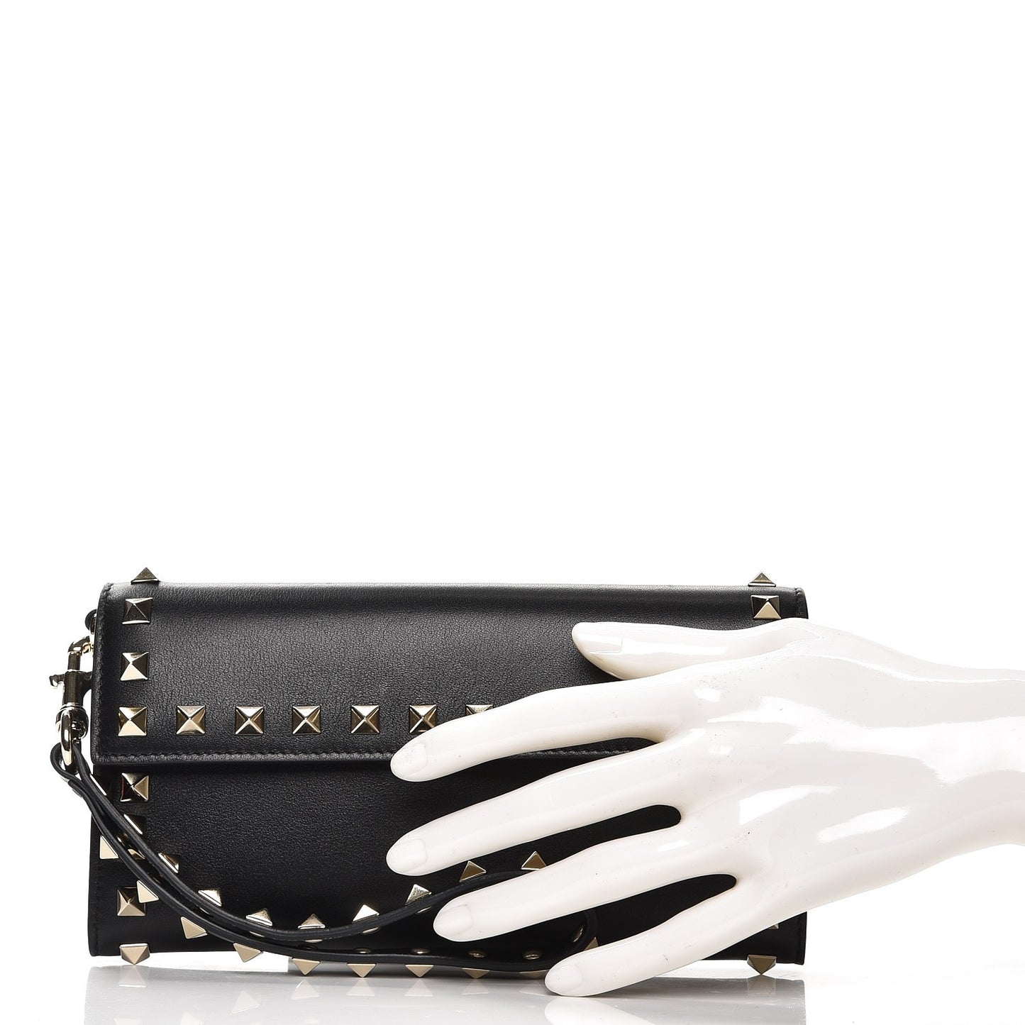 Calfskin Rockstud Wristlet Travel Wallet Black