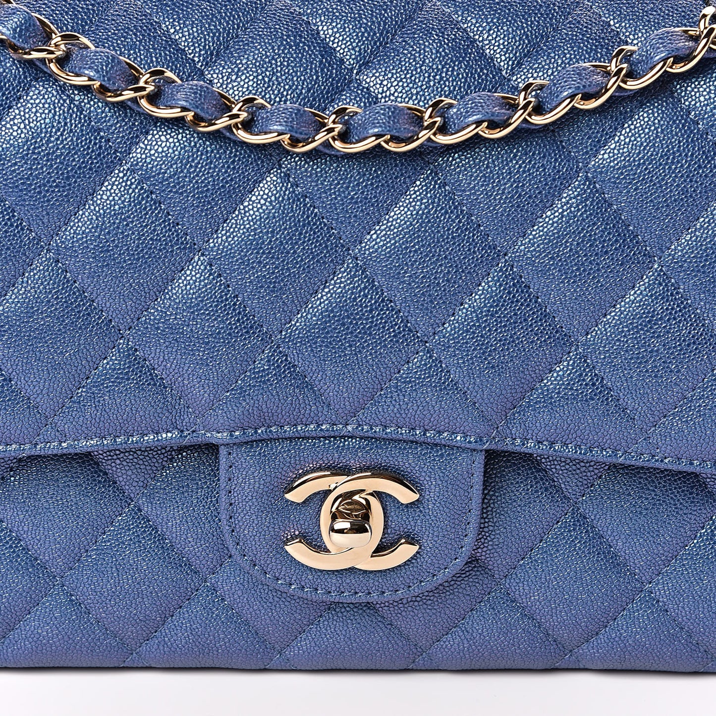 Iridescent Caviar Quilted Medium Double Flap Dark Blue