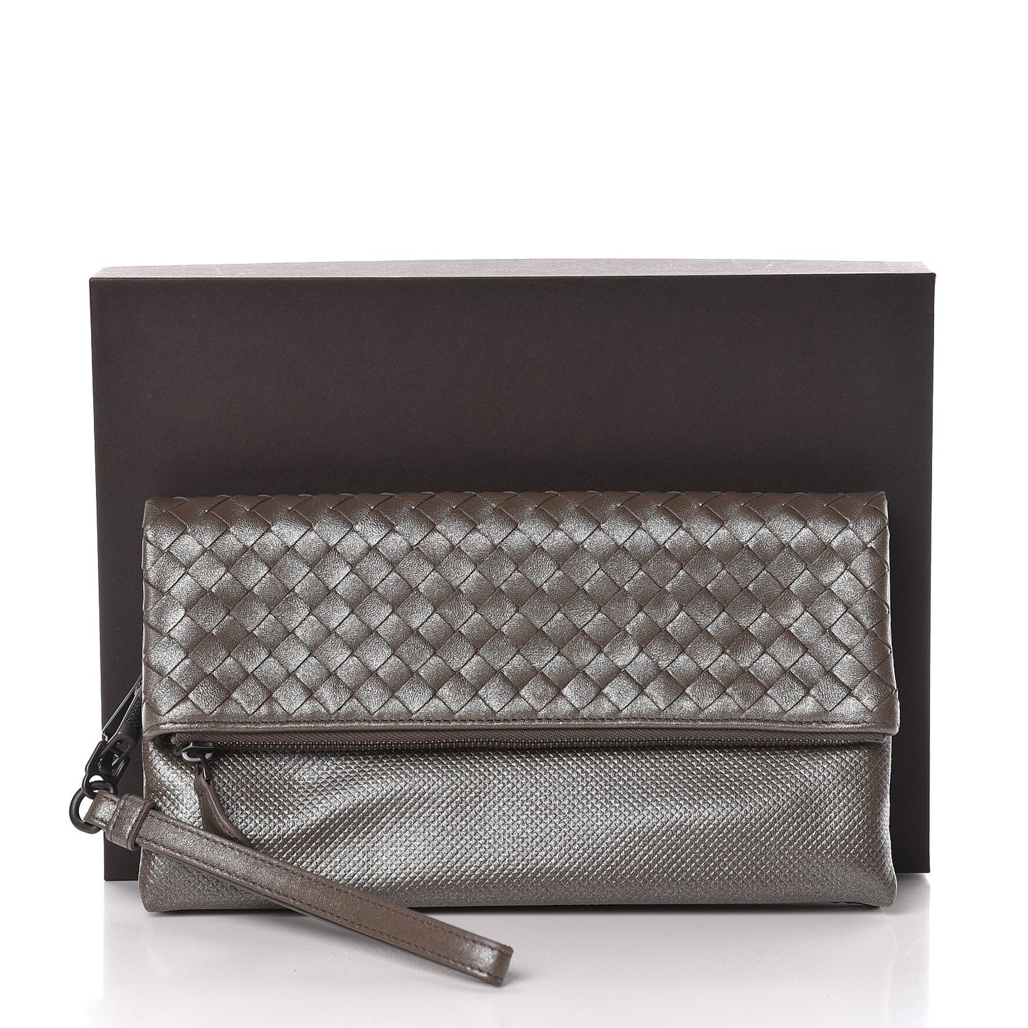 Metallic Nappa Intrecciato Flap Wristlet Light Grey