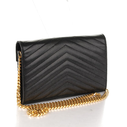 Saint Laurent Grain De Poudre Matelasse Chevron Monogram Chain Wallet Black 3 of 7