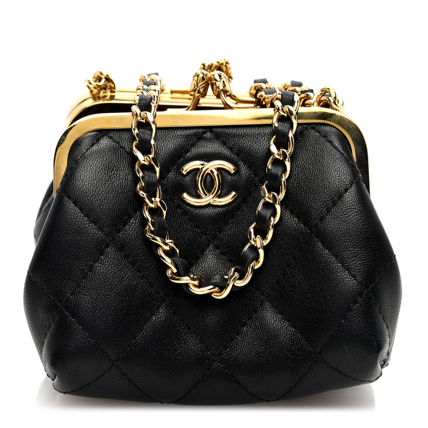 Chanel Lambskin Quilted Trio Kiss Lock Clutch With Chain Black 1 of 12