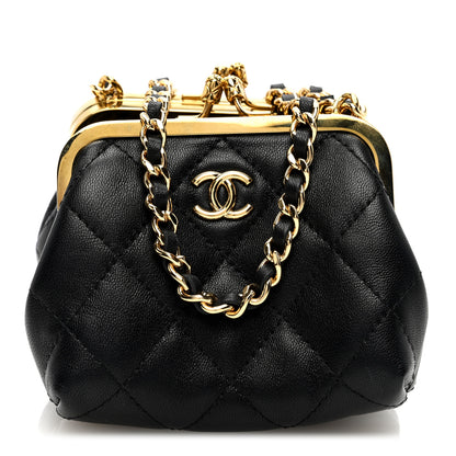 Chanel Lambskin Quilted Trio Kiss Lock Clutch With Chain Black 1 of 12