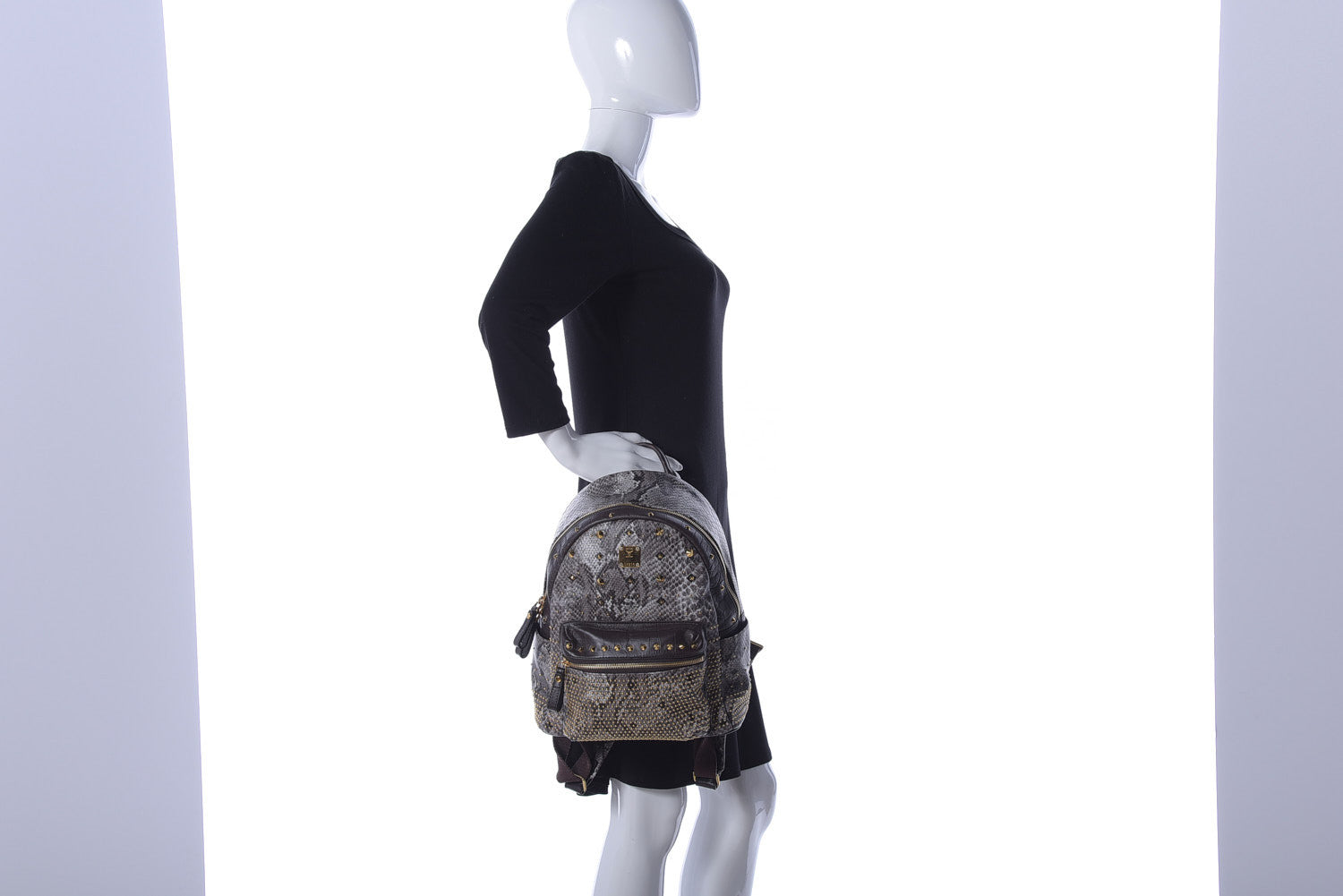 MCM Visetos Snakeskin Printed Studded Small Stark Backpack Light Grey 2 of 9