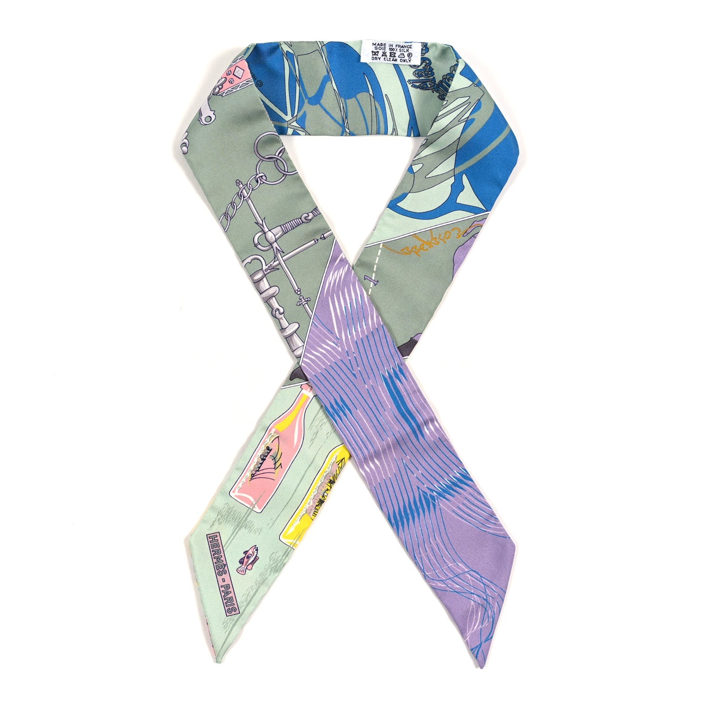Silk Caleche Mors Et Bouteilles Twilly Vert Amande Jaune Bleu