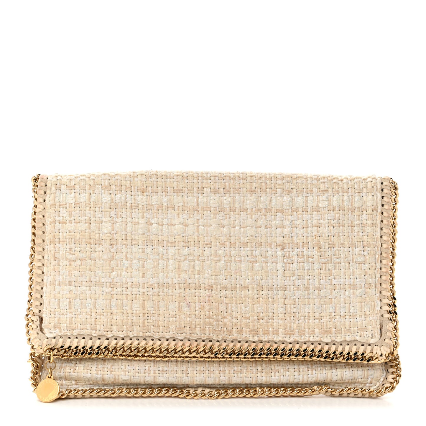 Woven Boucle Fold Over Falabella Clutch White Beige