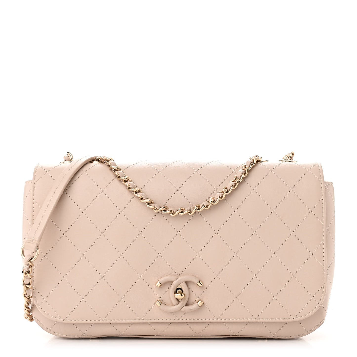 Calfskin Stitched Medium Covered CC Flap Bag Beige