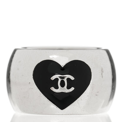Chanel CC Heart Ring Silver Black 6.75 3 of 4