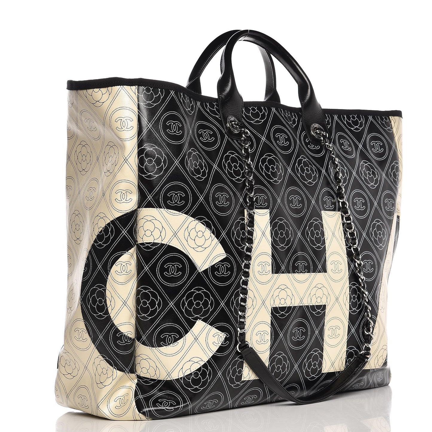Coated Canvas Camellia Large Shopping Tote Black Beige