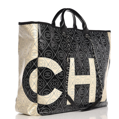 Chanel Coated Canvas Camellia Large Shopping Tote Black Beige 4 of 11