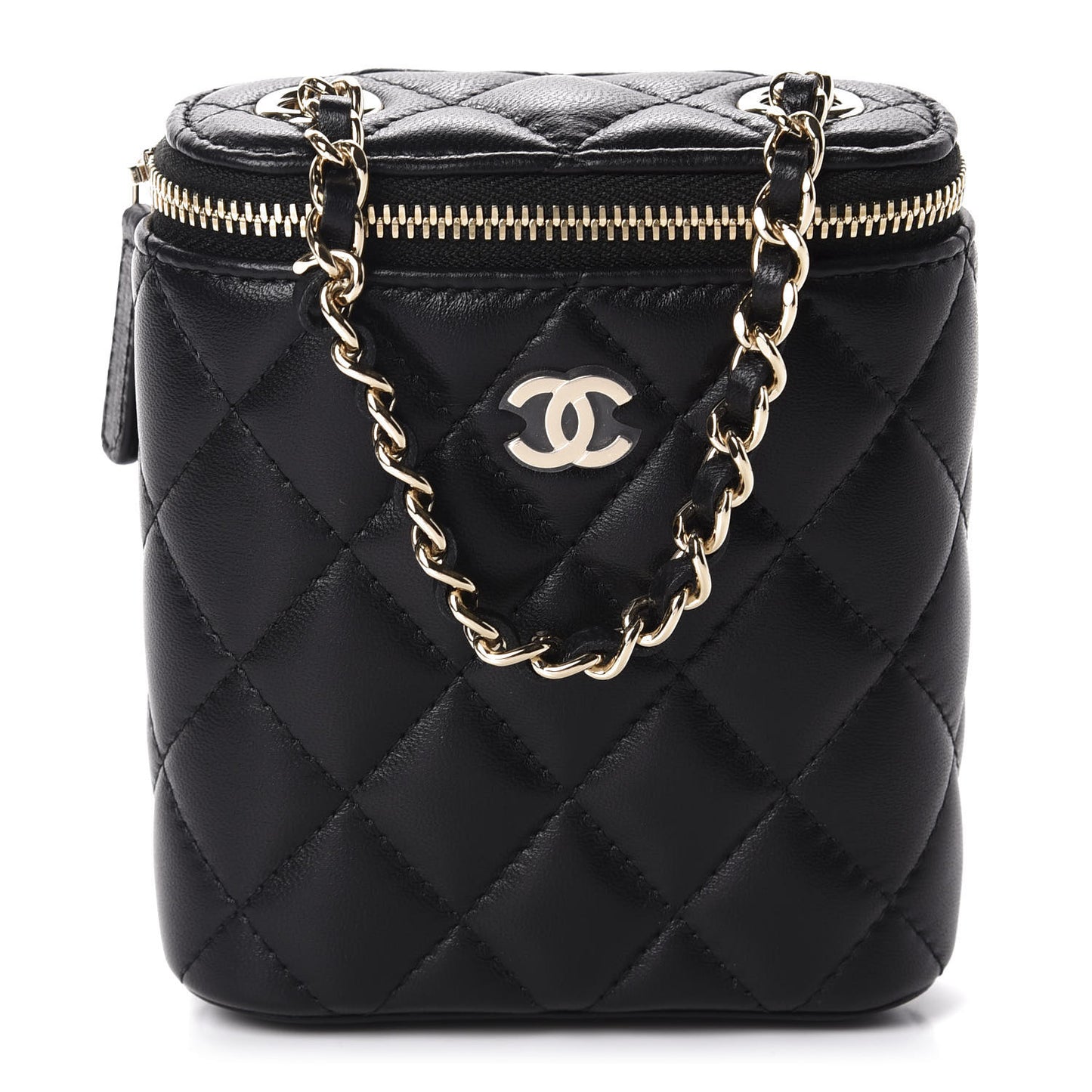 Lambskin Quilted Small Vertical Coco Beauty Vanity Case With Chain Black