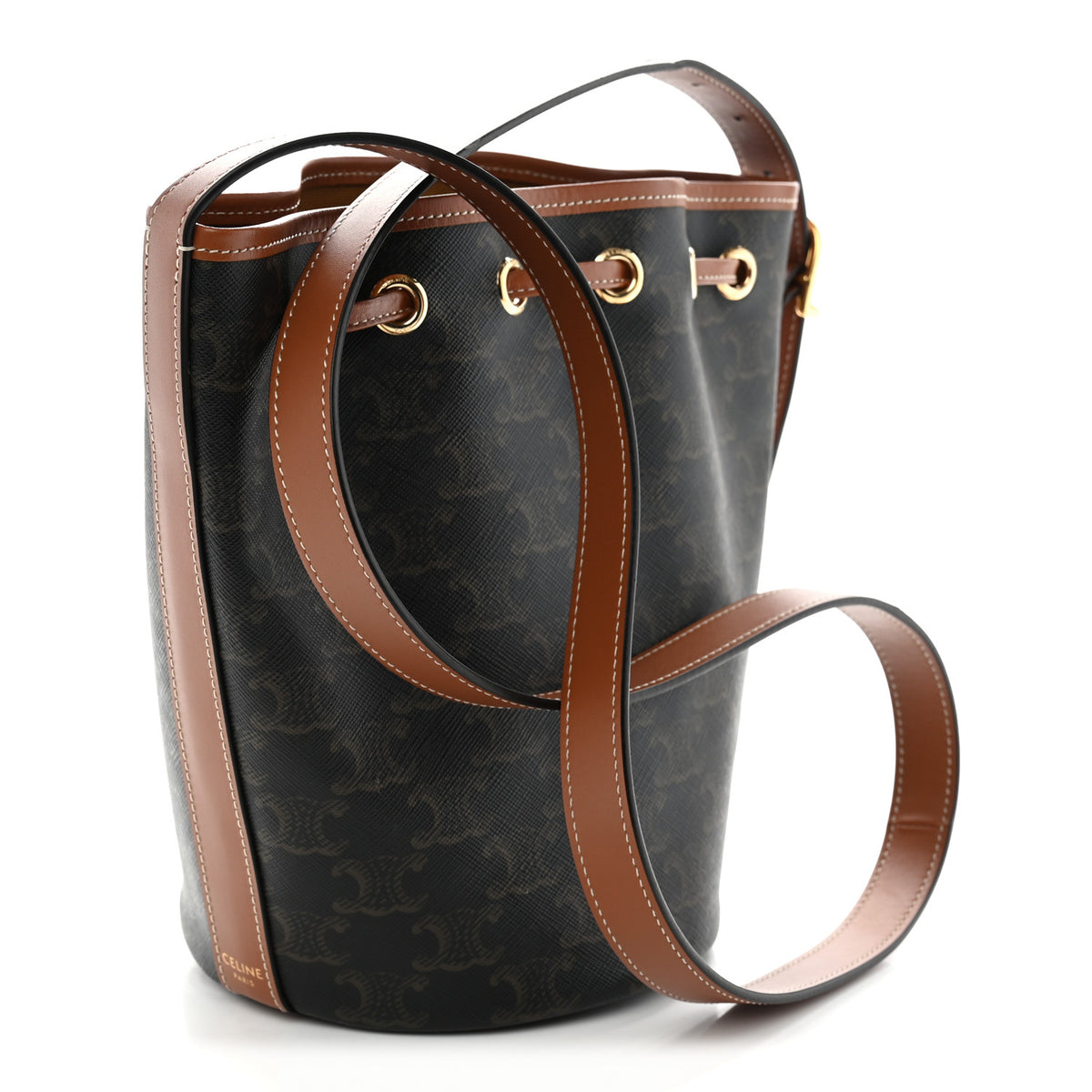 Triomphe Canvas Calfskin Small Drawstring Bucket Bag Tan