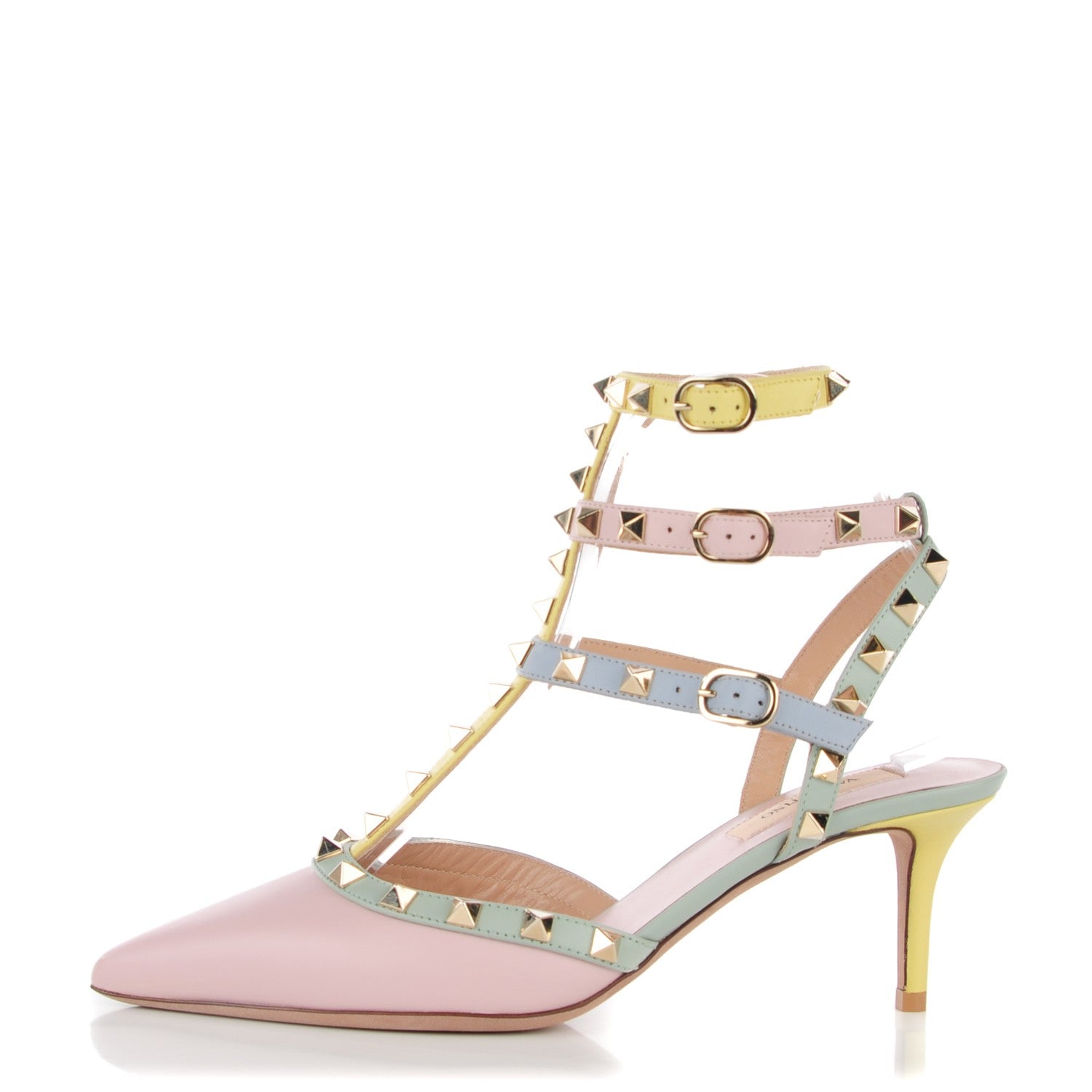 Valentino Garavani Nappa Watercolor Rockstud Ankle Strap 65mm Pumps 37.5 Rose Green Yellow Sky 1 of 8