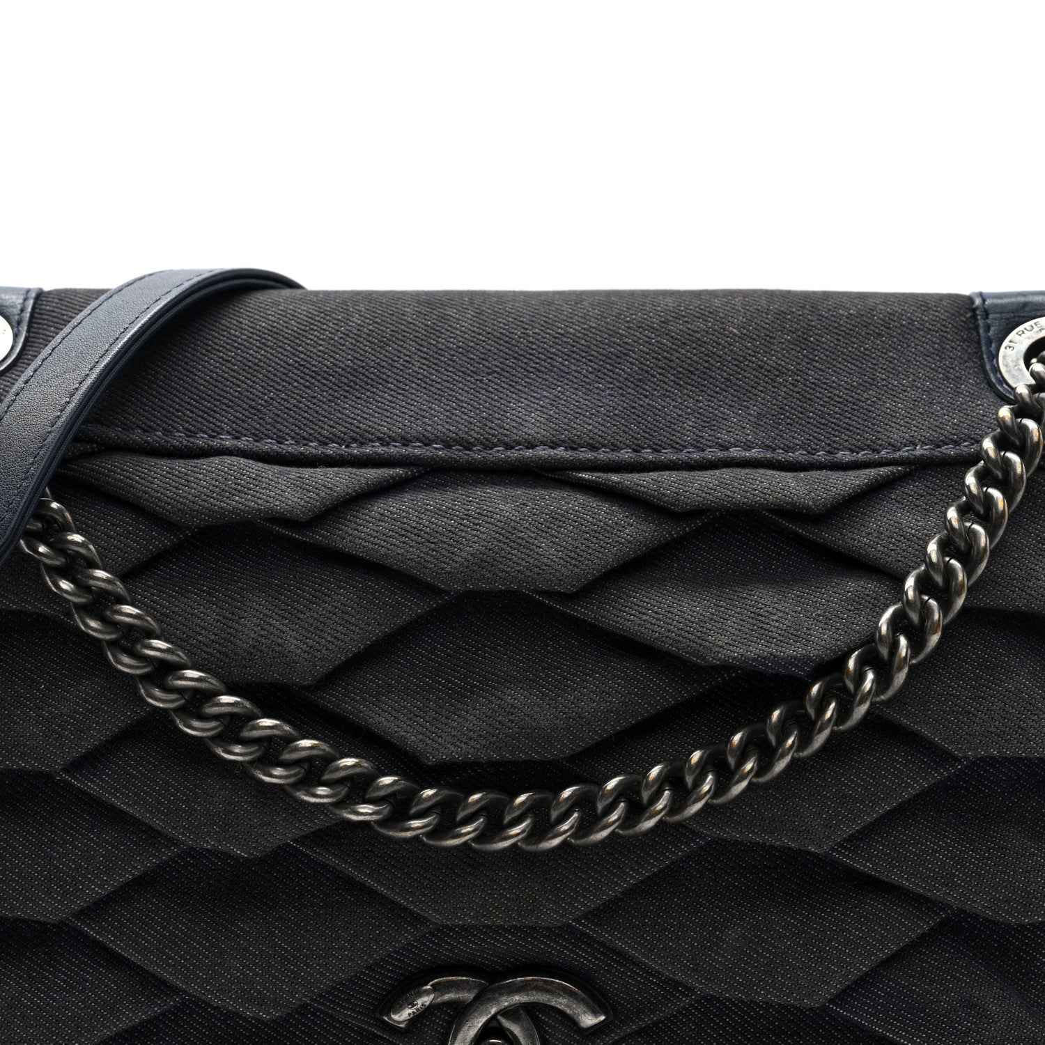 Chanel Denim Pleated Denim Turtle Flap Dark Blue 8 of 11