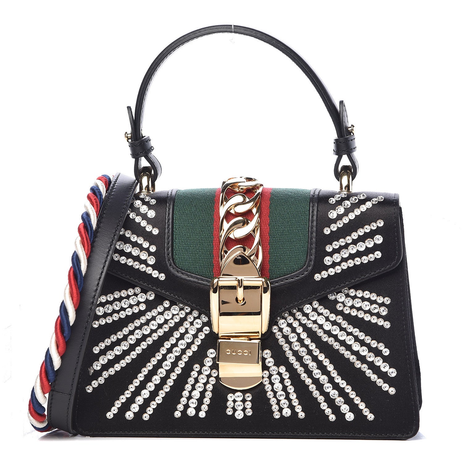 Gucci Satin Crystal Mini Sylvie Top Handle Bag Black 1 of 17