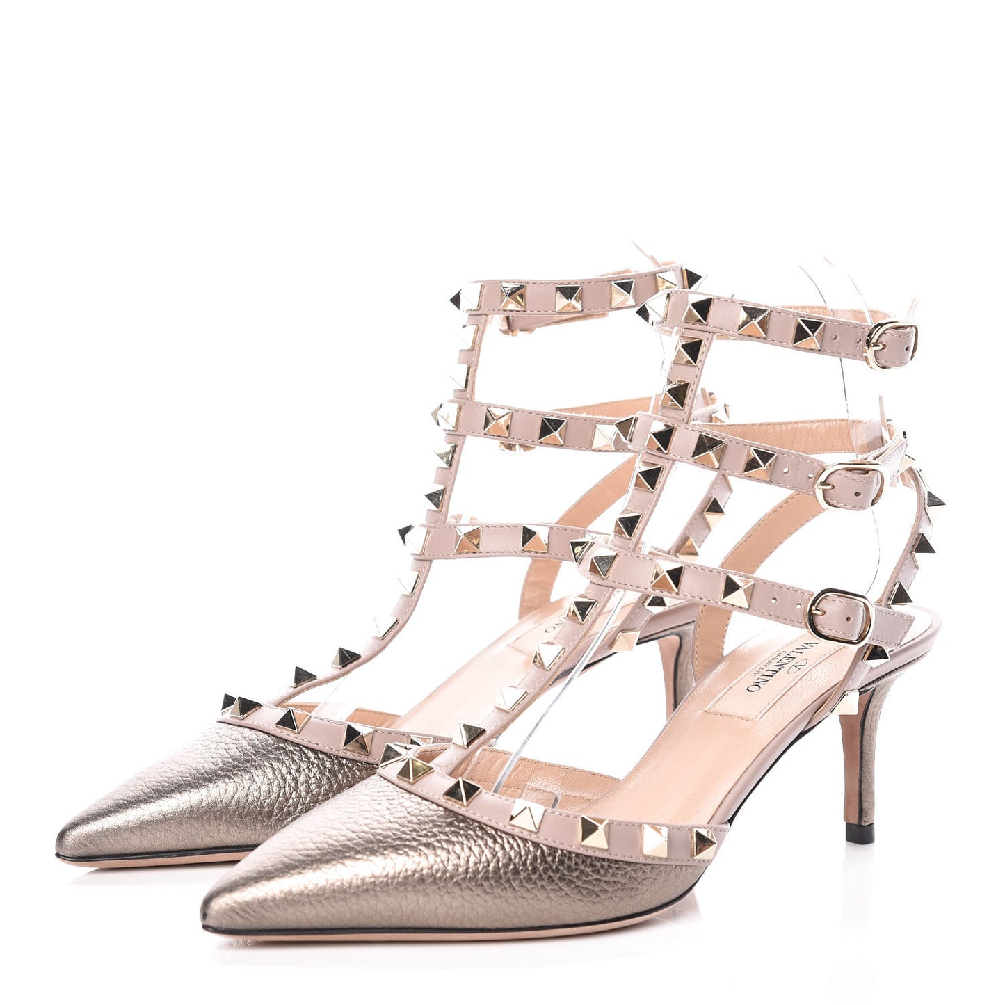 Metallic Pebbled Calfskin Rockstud Ankle Strap 65mm Pumps 36 Sasso Poudre