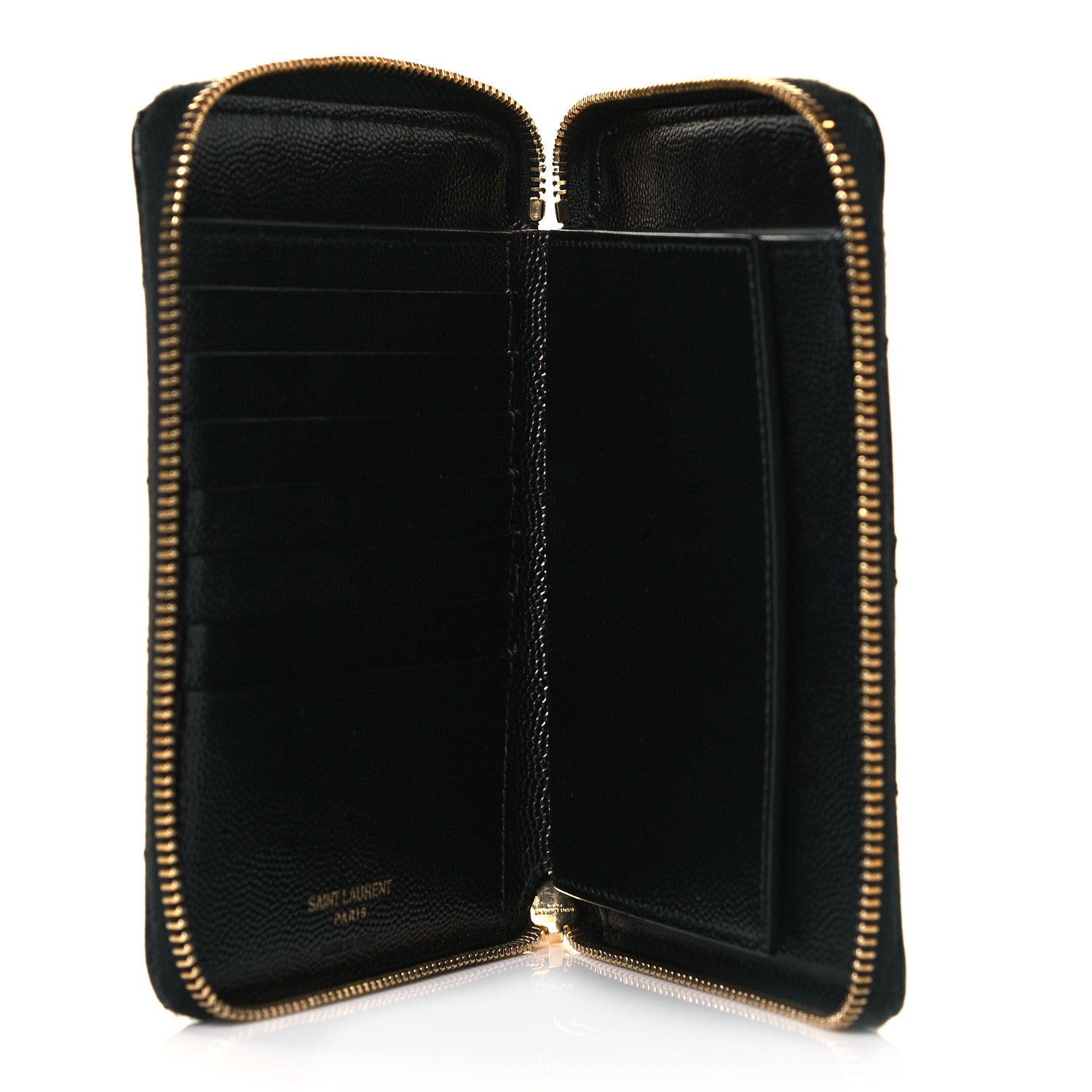 Saint Laurent Grain De Poudre Matelasse Chevron Monogram Compact Zip Around Wallet Black 5 of 9