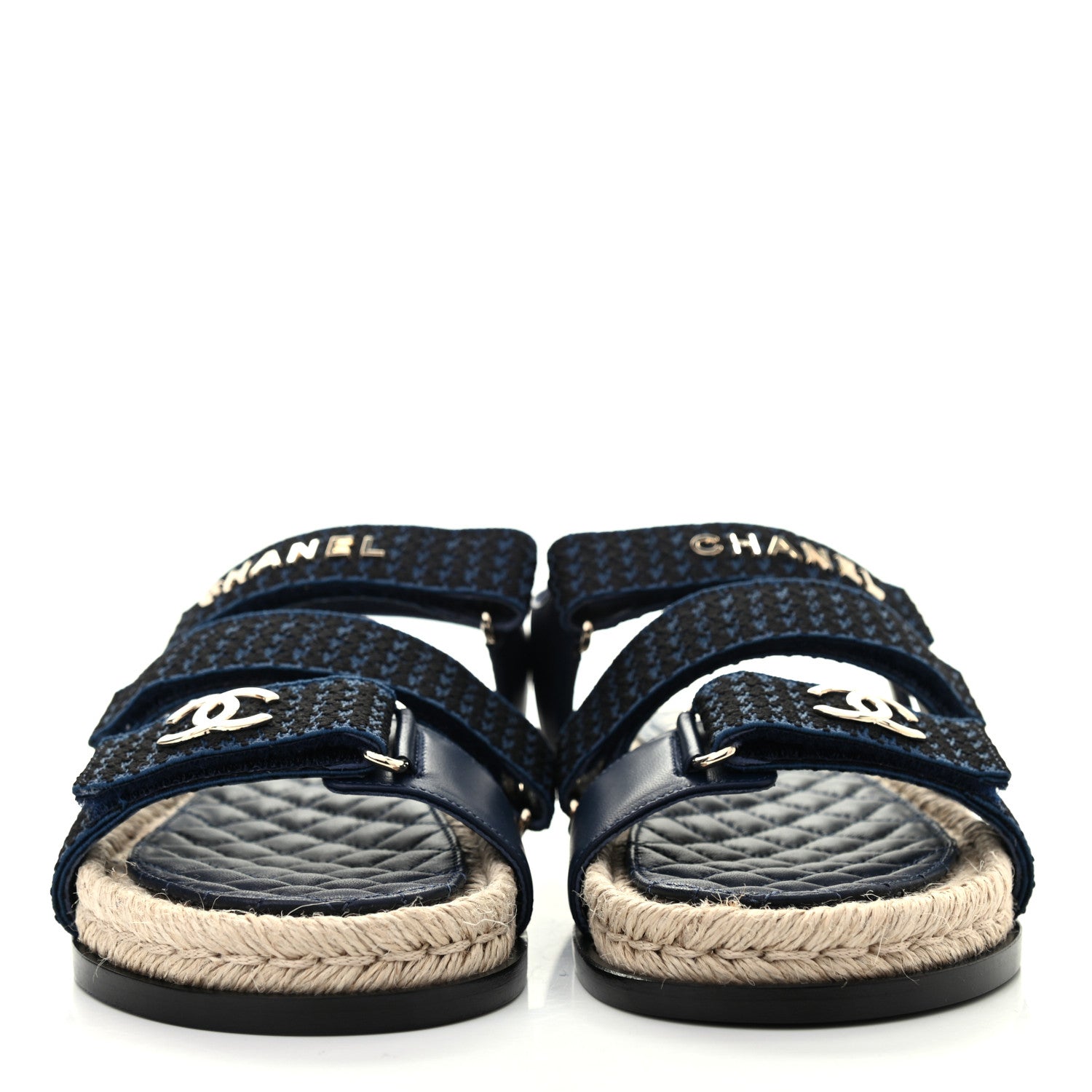 Chanel Stretch Fabric Lambskin CC Flat Sandals 37 Navy Blue Black 2 of 8