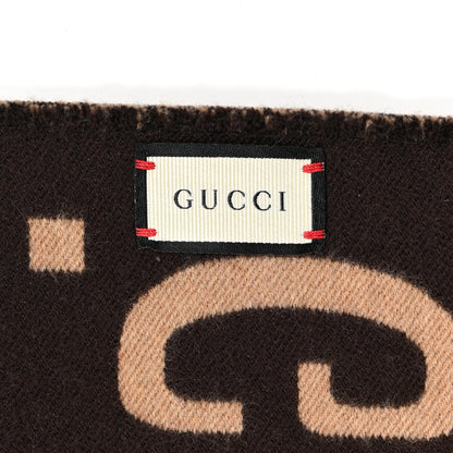 Gucci Wool Silk Monogram Jumbo GG Freedom Scarf Dark Brown Beige 3 of 4