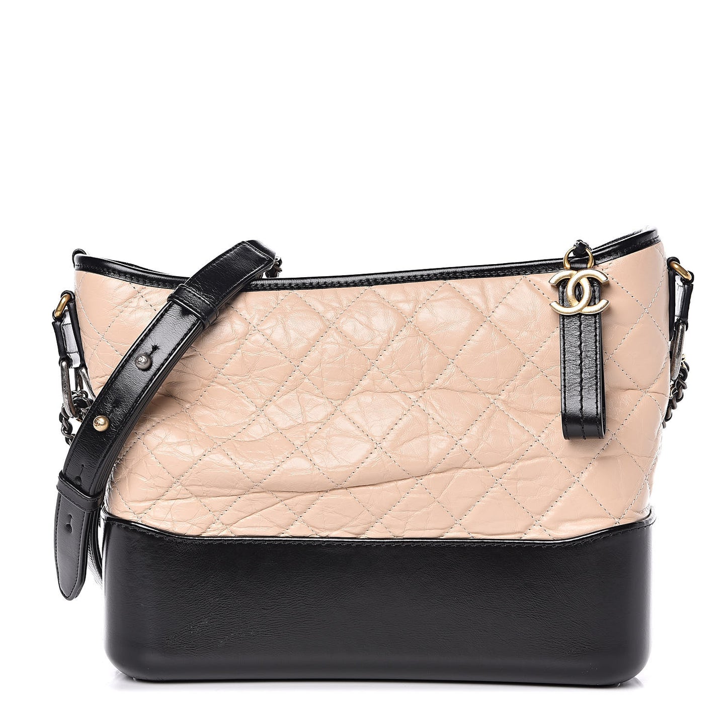 Aged Calfskin Quilted Medium Gabrielle Hobo Beige Black