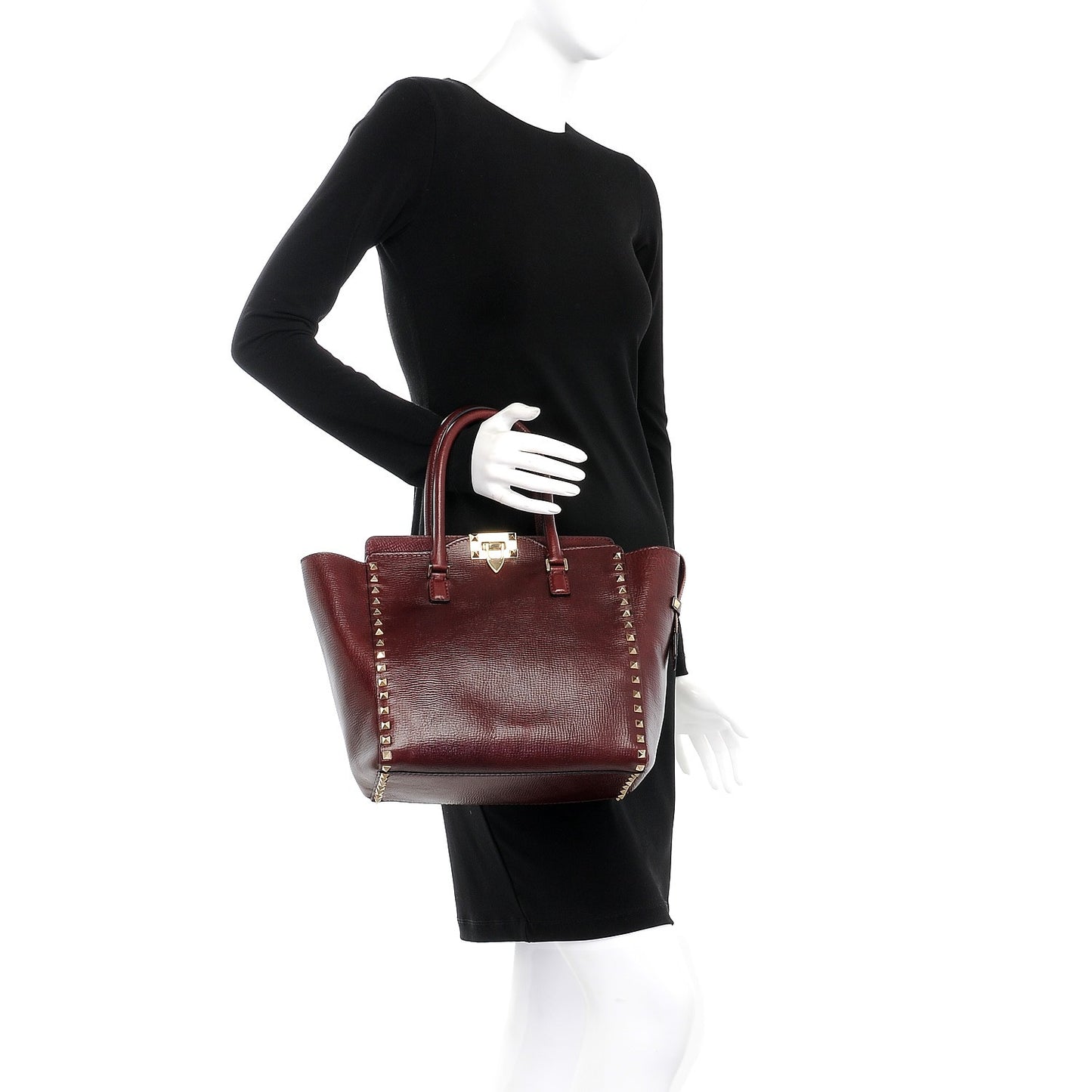 Textured Calfskin Rockstud Double Handle Tote Wine