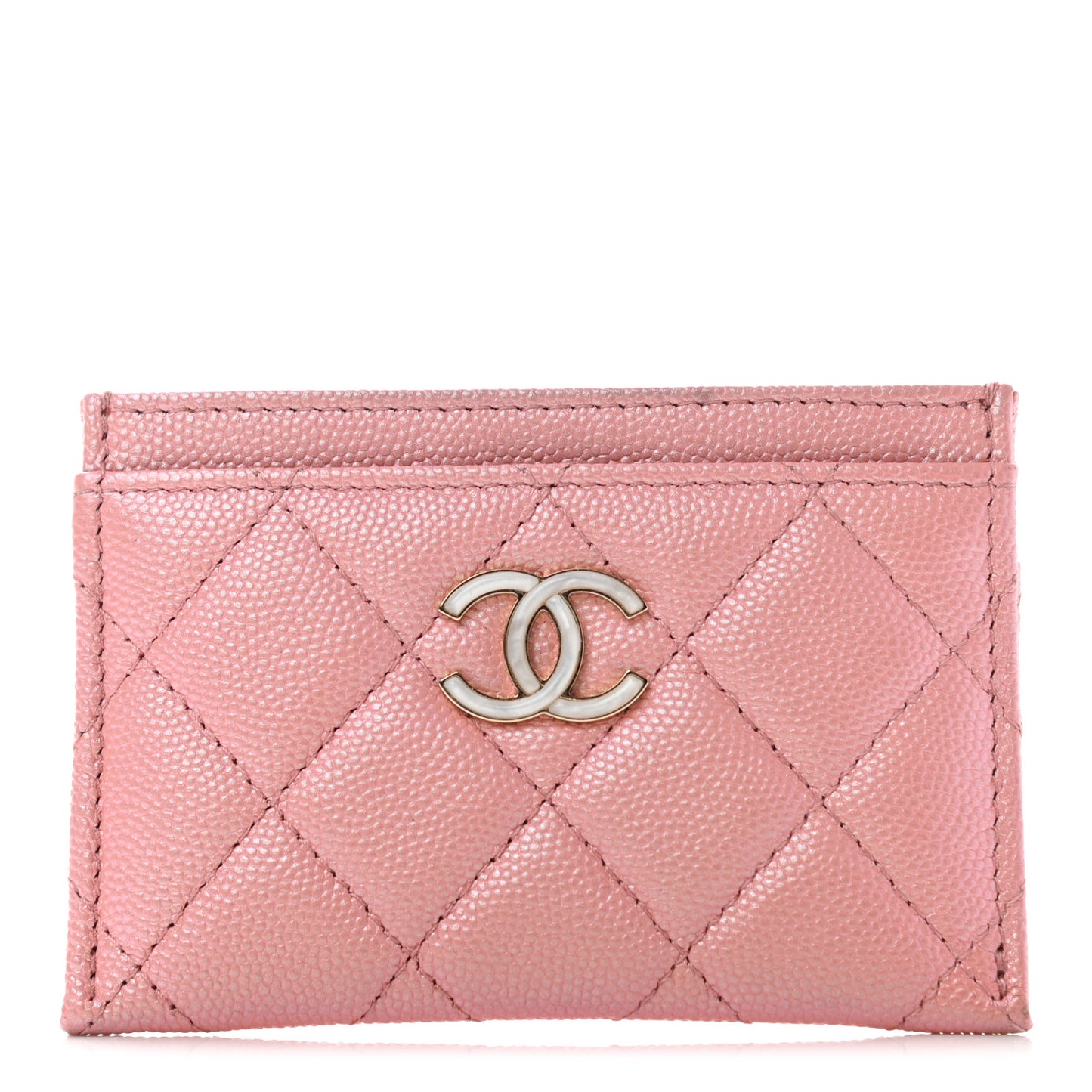 Iridescent Caviar Quilted Card Holder Rose Pink